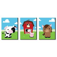 three pictures of animals in the grass and one has a barn, cow, and horse