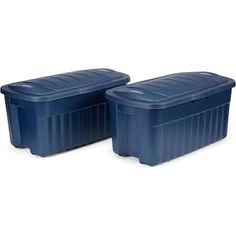 two blue plastic storage containers sitting side by side on a white background, one is empty and the other has no lid