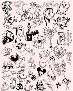 an assortment of tattoo designs on a white background with the words love and other symbols