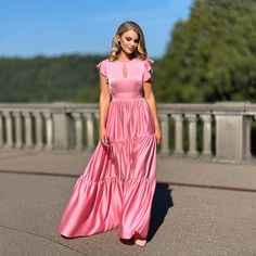 Women Keyhole Dress, Pink Maxi Dress, Tiered Floor Length Dress > Dress length: 153cm > Composition: 95% polyester 5% elastane Model wears size 36/XS, color -Rose- ➤ Sizing My Size Guide in FAQ section below will help you define the perfect size match.  ➤ Delivery Your item is made-to-order and will be ready within 2-7 days.  Average delivery times: > Europe: up to 1 week > North America: up to 1-2 weeks > New Zealand, Australia and other countries: up to 2-3 weeks, but sometimes it takes few mo Pink Satin Floor-length Maxi Dress, Pink Satin Evening Dress For Wedding Guest, Pink Long Evening Dress For Wedding Guest, Pink Floor-length Bridesmaid Dress For Spring, Pink Floor-length Dress For Wedding Guest, Formal Pink Short Sleeve Maxi Dress, Pink Short Sleeve Bridesmaid Dress For Party, Pink Floor-length Maxi Dress For Wedding Guest, Pink Short Sleeve Maxi Dress For Wedding