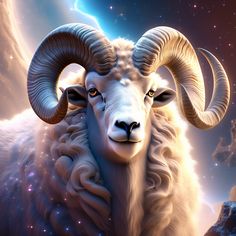 an artistic painting of a ram in the night sky with stars and clouds behind it