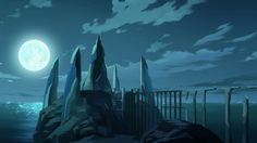 a full moon is seen over the ocean in an animated scene with rocks and fences