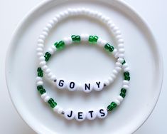 Game Day bracelets! Your choice between one, two, or all three! - - SIZING - - Every piece is made just for you! Our standard size fits a 6 inch wrist (measures 6.5 inches total length), but can be adjusted upon request. Please leave your desired size in the 'Notes' section upon checkout. Team Bracelets, Football Bracelet, Jets Football, Ny Jets, Football Football, Game Day, Sports Team, Arm Band, Beaded Bracelets