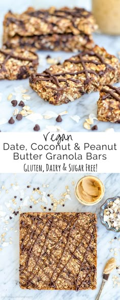 chocolate peanut butter granola bars on a marble counter top with the text vegan date, coconut & peanut butter granola bars