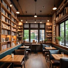 the interior of a restaurant with wooden tables and chairs, bookshelves and windows