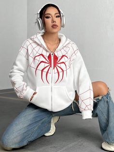 Blanco Casual Collar manga larga Tela tejida Geométrico Cremallera Embellished Elástico Ligero Spiderman Zip Up Hoodie, Spiderman Clothes For Women, Spiderman Outfit Women, Spiderman Clothes, Zipper Hoodie Women, Spiderman Sweatshirt, Spiderman Hoodie, Spiderman Outfit, Hoodie Aesthetic