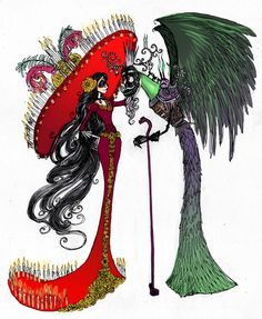 a drawing of two women dressed in costumes and holding umbrellas, one with wings on her head