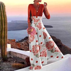 Lasaky - Chic Printed Long Sleeve Deep V-Neck Color Block Party Maxi Dress Plus Size Beach Wear, Grandmother Of The Bride, Vacation Maxi Dress, Party Maxi Dress, Stylish Jumpsuit, Fashion Ideas For Women, Beach Maxi Dress, Dress With Sleeves, Long Sleeve Dresses