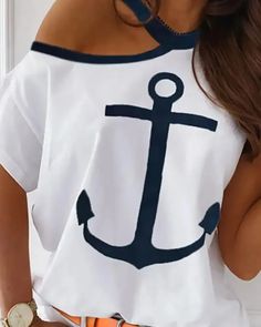 Lasaky - One Shoulder Crew Neck Boat Anchor Print T-Shirt Vintage Cat Eye Glasses, Casual Basics, Style Casual Chic, Boat Anchor, Anchor Print, Casual Chic Style, Trend Fashion, Lantern Sleeves, Womens Fashion Trends