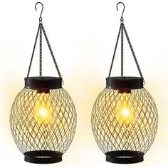 two hanging lanterns with lights attached to them on a white background, one is yellow and the other is black