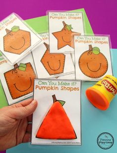 four pumpkin shapes are shown in front of a hand holding a rubber stamp with the words pumpkin shapes on it