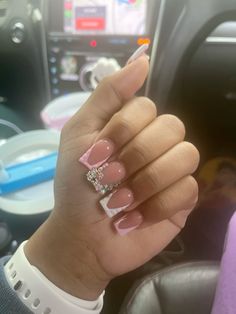 @cookiessplanett Short French Tips With Gems, Square Nail Inspo 2024, Short Hello Kitty Nails, Cute Short Nail Sets, Overlay Nails, Cute Acrylic Nail Designs, Hello Kitty Nails