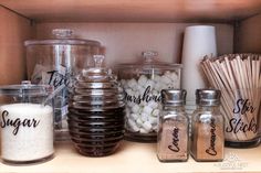 an organized pantry filled with sugar and other items