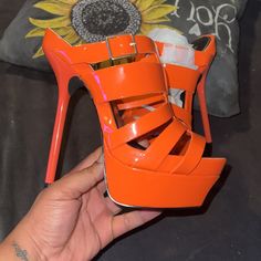 Are You A Real Life Barbie . If So You Need These Barbie Style Mule Platform Heel Sandals In Hot Orange Orange Is All The Rave This Season! Brand New Never Worn In Original Box! Shoe Is Labeled Size 9.5 But Fits Like A 9 With Standard Width (Someone Who Wears A Small 9 Or 8.5 Would Fit These Perfectly) I Brought These One Year Ago I Doubt You’ll Find Them Anywhere Else! Orange Open Toe Sandals For Party, Orange Sandals With Heel Strap For Party, Trendy Orange Open Toe Heels, Orange High Heel Sandals With Buckle Closure, Orange Open Heel Sandals For Party, Orange Strappy Sandals With Heel Strap, Orange High Heel Synthetic Sandals, Orange Strappy Heels With Heel Strap, Orange Open Heel Synthetic Heels