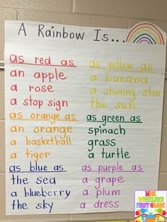 a classroom bulletin board with writing on it and pictures of rainbows, as well as an apple