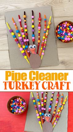 a turkey made out of pipe cleaner beads on a piece of paper with the words, pipe cleaner turkey craft