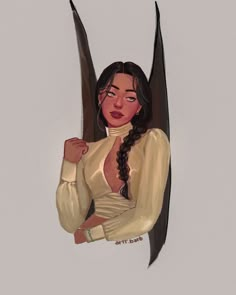 a painting of a woman with long black hair wearing a white shirt and holding two large scissors