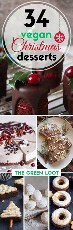 a collage of christmas desserts with the words, vegan christmas desserts