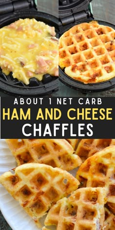 These Ham and Cheese Chaffles require just 5 ingredients and are about 1 net carb each! This is the perfect easy keto breakfast or snack recipe! Cheese Chaffles, Easy Keto Breakfast, Low Carb Dessert, Recetas Keto