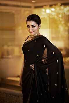 Black Sari, Saree Inspiration, Ethnic Beauty, Trisha Krishnan, Indian Sari Dress, Woman In Black, Modern Saree, Indian Saree Blouses Designs, Indian Fashion Saree