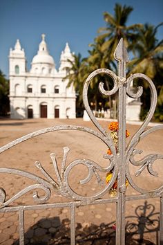 an iron gate with flowers on it in front of a white building and palm trees