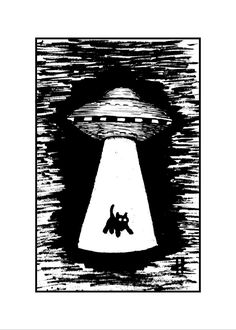 an image of a black and white drawing of a dog in front of a flying saucer