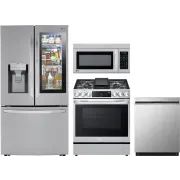 several different appliances are shown in this image, including an oven, refrigerator, microwave and dishwasher