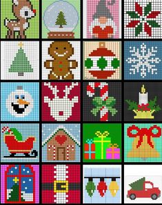 the cross stitch pattern for christmas is shown in different colors and designs, including santa's sleigh