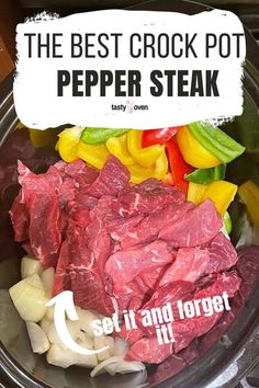 the best crock pot pepper steak is served in a slow cooker with vegetables