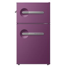 a purple refrigerator freezer sitting on top of a white wall