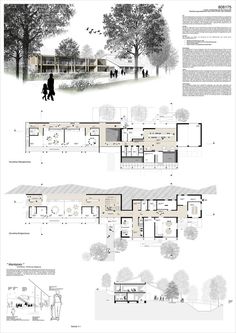 the plans and elevations for this house are shown in black and white, with people walking