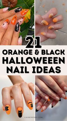 Orange And Black Ombre Nails Halloween, Halloween French Nails Design, Burnt Orange Halloween Nails, Simple Orange And Black Nails, Halloween Nails Gel Almond, Cute Orange Halloween Nails, Halloween Painted Nails, Orange Chrome Halloween Nails, Orange Black Nails Design