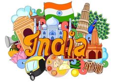 the word india is surrounded by many different types of travel related items, including buildings and flags