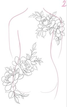 the back of a woman's body with flowers on it, drawn in pencil