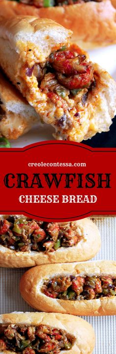 crawfish cheese bread is cut in half and placed on top of each other