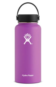 the hydro flask water bottle is black and has a white logo that says hydro flask