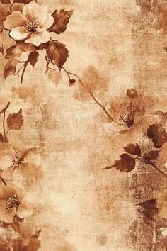 an old paper with flowers and leaves painted on it's side, in sepia tones