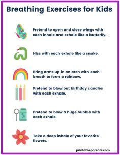 a poster with the words breathing exercises for kids