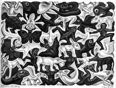 this is an image of a black and white painting with animals on it's side