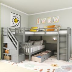 a bedroom with bunk beds and stairs in it