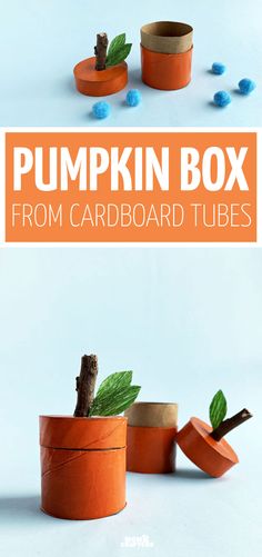 the pumpkin box from cardboard tubes is shown with leaves and twigs in it for decoration