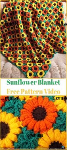 sunflower blanket crochet pattern is shown in two different colors and has the same design