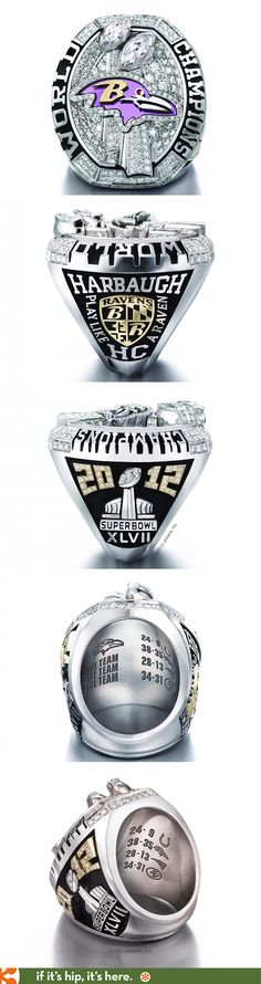 four different types of rings with the names of their respective teams and numbers on them