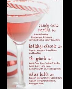 a menu for a candy cane martini party