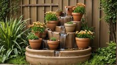 there are many potted plants on the fountain in the yard, with water running down it