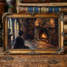 an oil painting of a person sitting in front of a fire place with books behind them