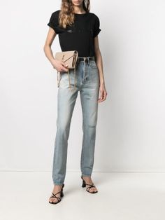 Saint Laurent high-waist Ripped Jeans - Farfetch Luxury Straight Leg Jeans For Spring, Ripped High Waisted Jeans, Saint Laurent Jeans, Women's Denim Jeans, Women Denim Jeans, Waist Belt, Ripped Jeans, Pale Blue, Denim Women