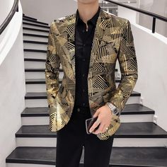 Luxury Gold Stripes Printed Slim Fit Blazer Gentlemen Outfit, Prom Blazers For Men, Prom Jacket, Suits Men Slim, Korean Shirt, Gold Blazer, Business Casual Blazer, Men Blazer, Classy Suits