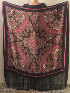 Gorgeous 1970s silk fringe maxi scarf. Perfect boho style worn with whatever you like! Shake your fringe!Add a pop of color pairing it with a black jacket. Wonderful soft silk with a dramatic black and hot pink floral paisley pattern. Hot pink, green, grey, white and black - super ornate and baroque paisley. Black rayon fringe border. Signature on the scarf is illegible. 100% silk. Please dry clean only. Very good vintage condition with no fabric or sewing flaws. Measurements116cm by 116cm/ 45 b Black Silk Bohemian Shawl, Black Bohemian Silk Scarf, Vintage Fringe Shawl For Festivals, Vintage Silk Scarf For Festivals, 70s Fringe, Black And Hot Pink, Hot Pink Floral, Mode Boho, Color Pairing