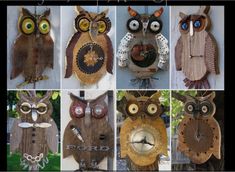 a group of owls made out of wood with different eyes and body parts on them